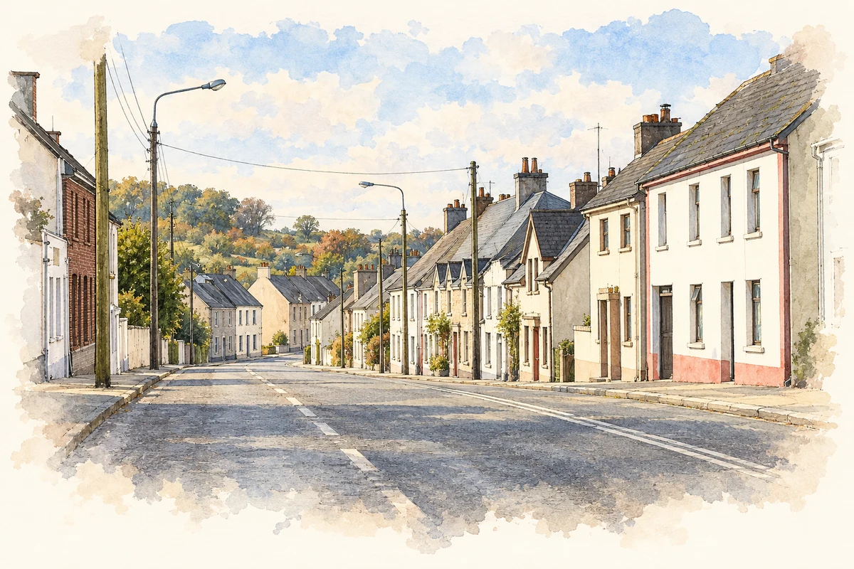 Watercolour and fine ink illustration of Main Street, Moneygall.