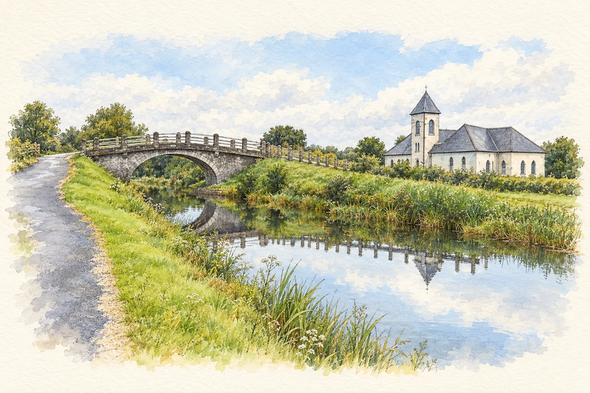 Watercolour and fine ink illustration of Plunkett Bridge, Grand Canal and St Mary's Church, Pollagh.