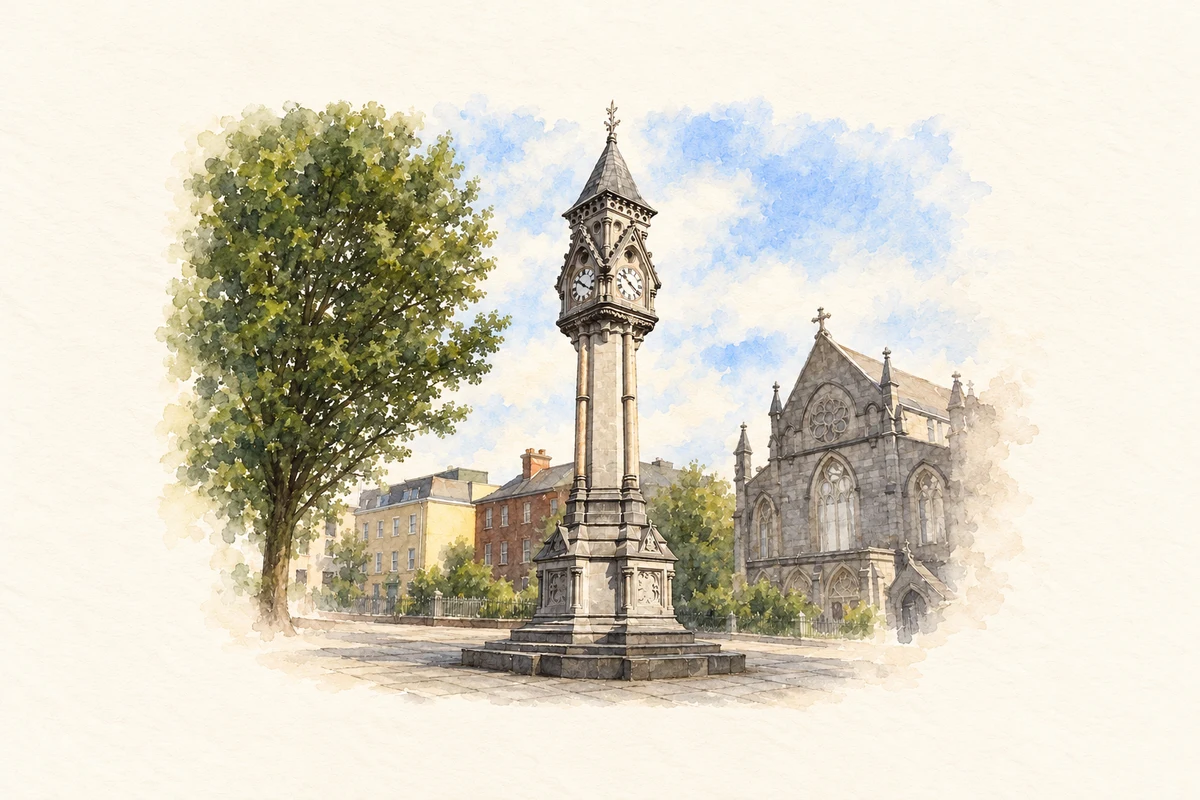 Watercolour and fine ink illustration of Tait Memorial Clock, Newtown Pery, Limerick.