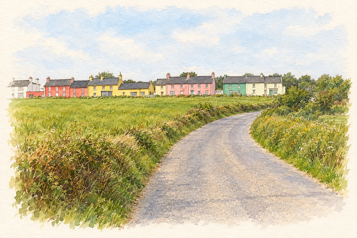 Watercolour and fine ink illustration of Butlerstown village, County Cork, in 2002.
