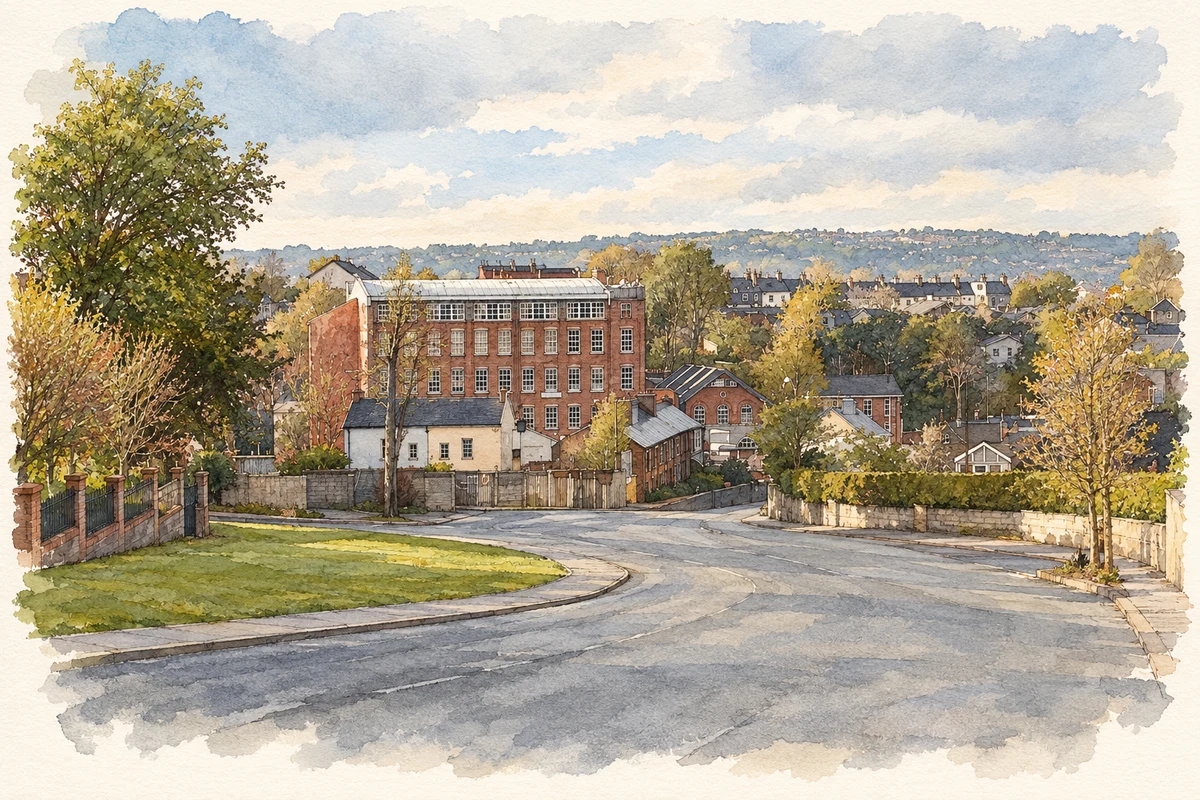 Watercolour and fine ink illustration of Donnybrook Commercial Centre, County Cork.