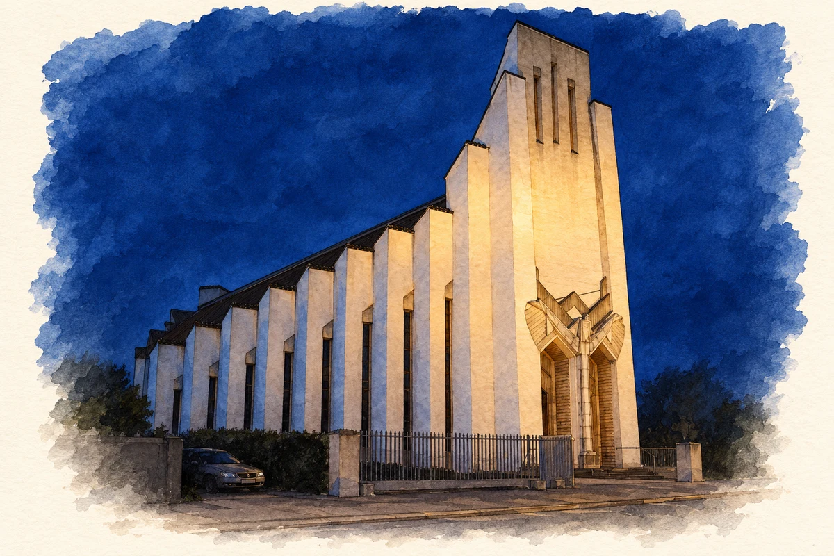 Watercolour and fine ink illustration of Church of Christ the King near Evergreen, Cork, as photographed in 2008.