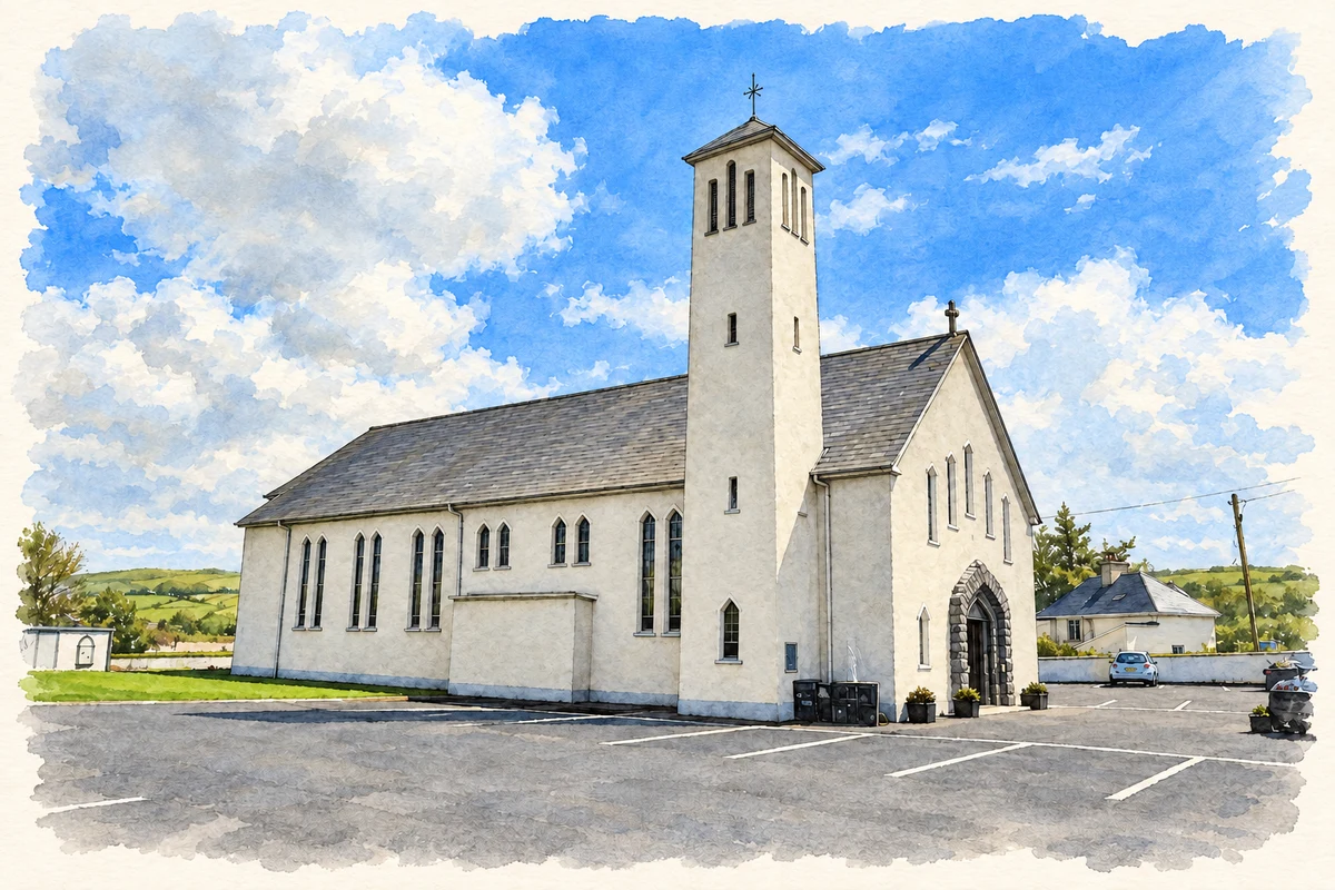 Watercolour and fine ink illustration of Saint Brendan’s Church at Myna near Kilmeena, as photographed in 2013.