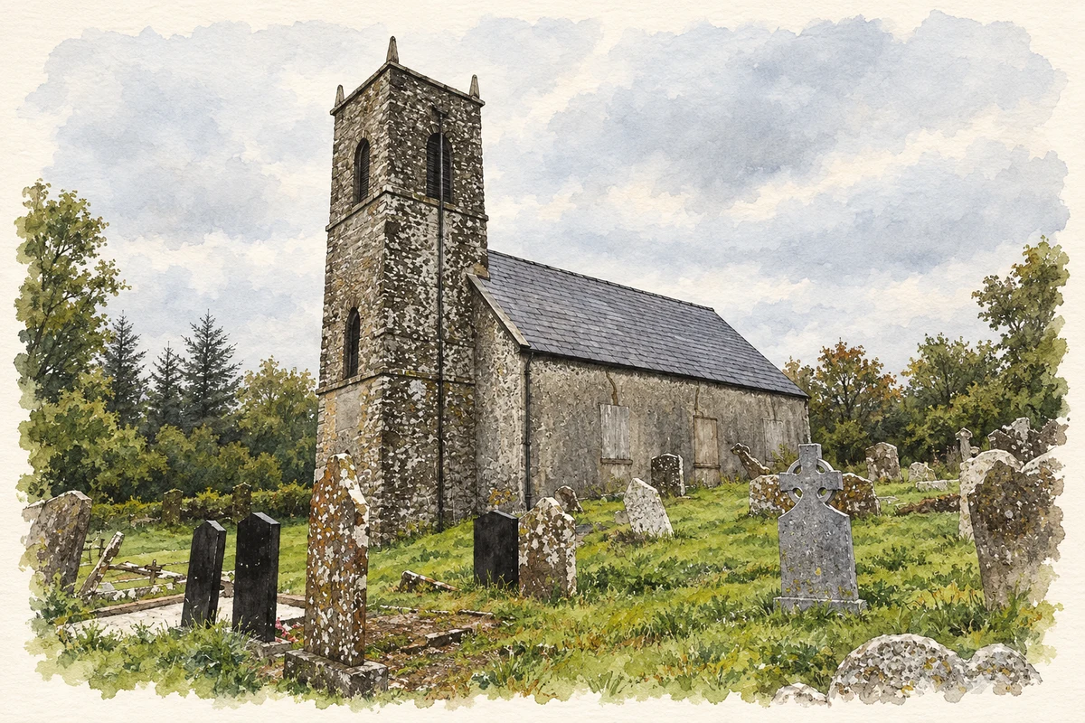 Watercolour and fine ink illustration of Temple Michael Church, near Ballynamona.