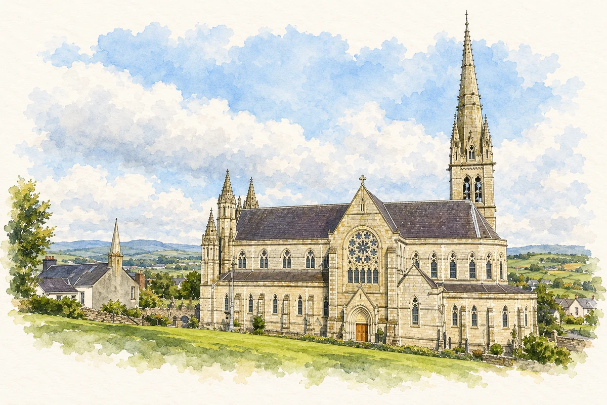 Watercolour and fine ink illustration of Cathedral of St Eunan and St Columba, Letterkenny, County Donegal in Letterkenny.