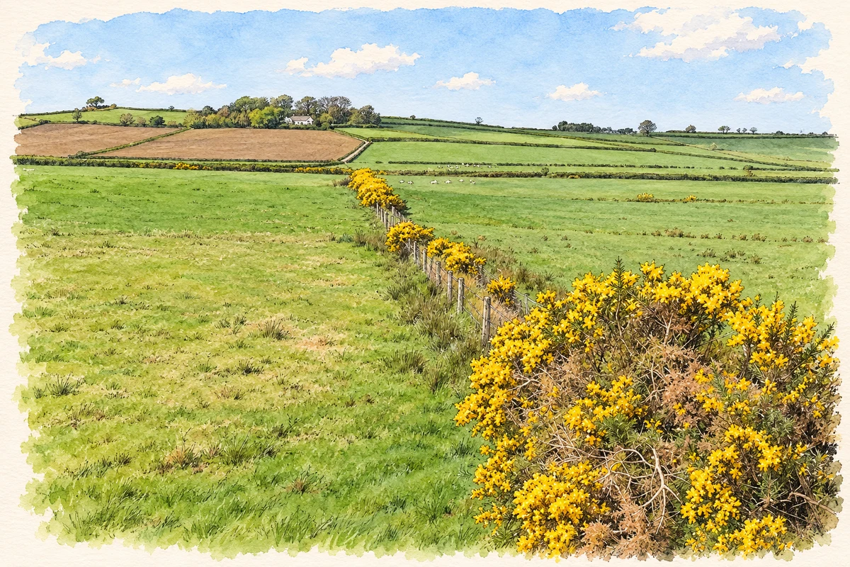Watercolour and fine ink illustration of Fields in Lettershendoney townland, as photographed in 2007.