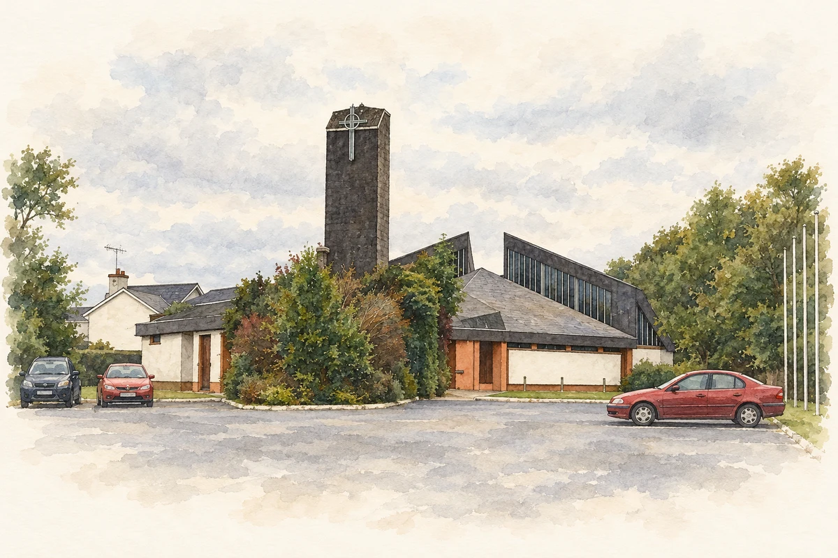 Watercolour and fine ink illustration of Saint Aloysius Church, Breaffy (Breaghwy), County Mayo.