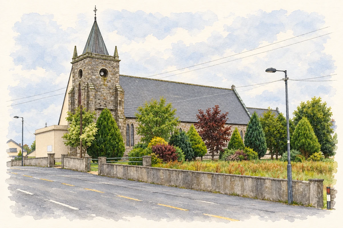Watercolour and fine ink illustration of The Church of the Immaculate Conception at Kilmovee, as photographed in 2014.