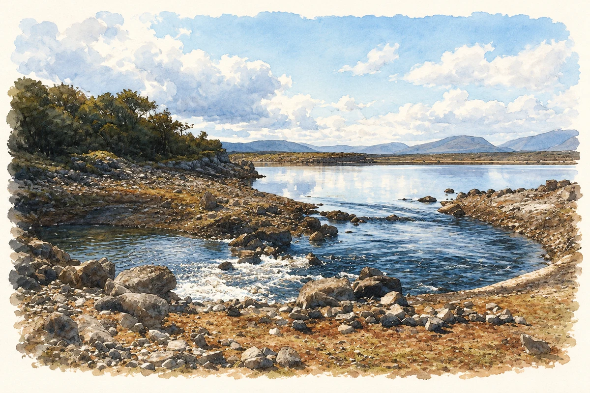 Watercolour and fine ink illustration of Castle Bay on Lough Mask near Killour, as photographed in September 1990.
