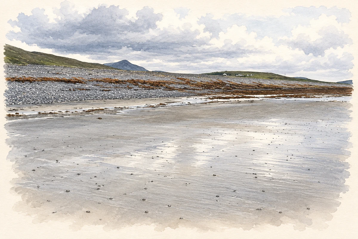 Watercolour and fine ink illustration of Bunlough Strand, also known as Killadoon Strand, as photographed in 2009.