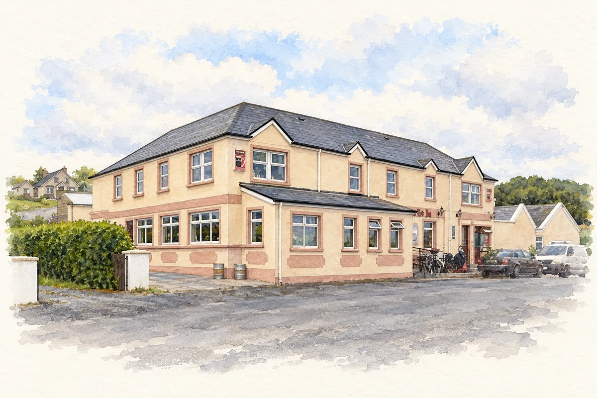 Watercolour and fine ink illustration of The Sea Rod Inn, Doohooma, as photographed in 2010.
