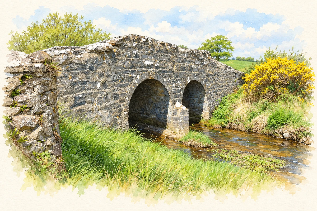 Watercolour and fine ink illustration of Stone bridge at Garrynagran near Garranard, as photographed in 2010.