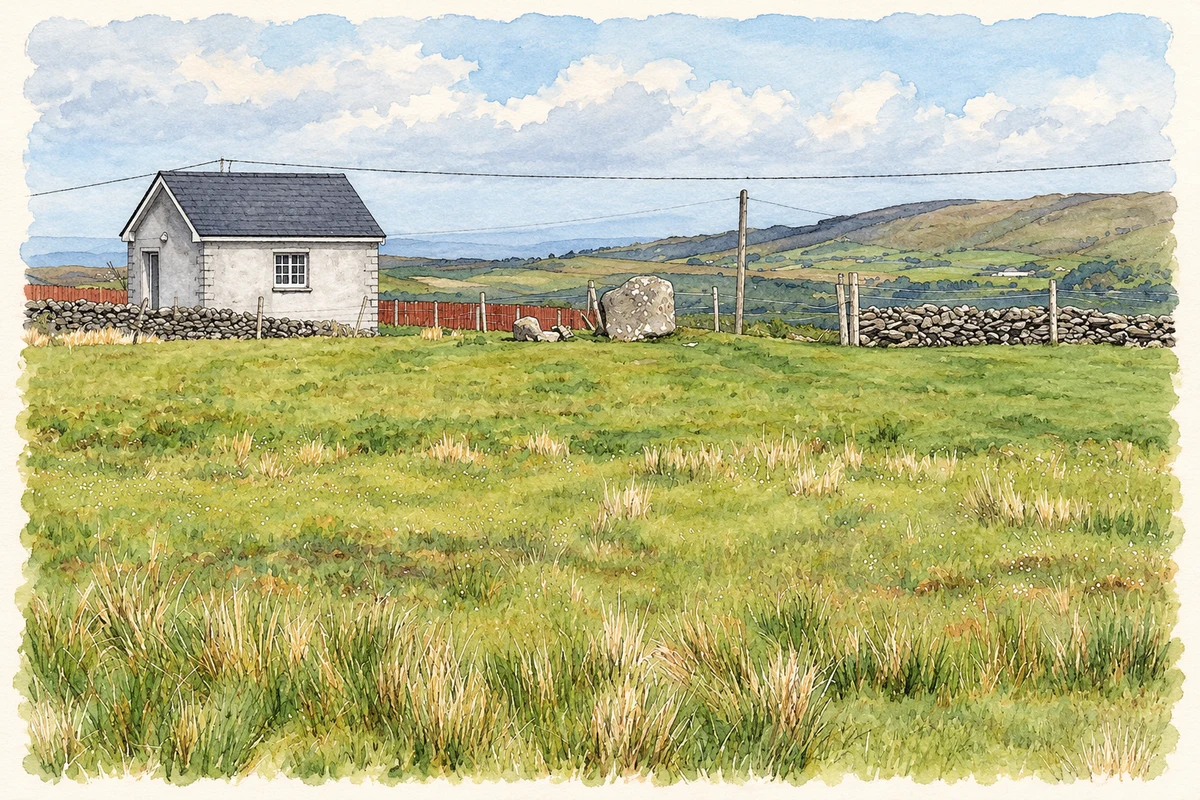 Watercolour and fine ink illustration of The standing stone at Lanmore near Liscarney, as photographed in 2011.