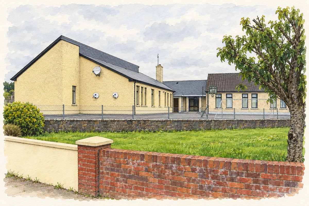 Watercolour and fine ink illustration of Manulla National School, as photographed in July 2011.