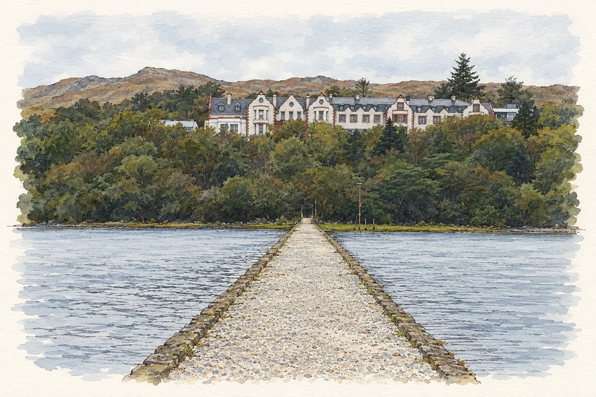 Watercolour and fine ink illustration of Mulranny Causeway below the railway hotel at Mallaranny, as photographed in October 2021.
