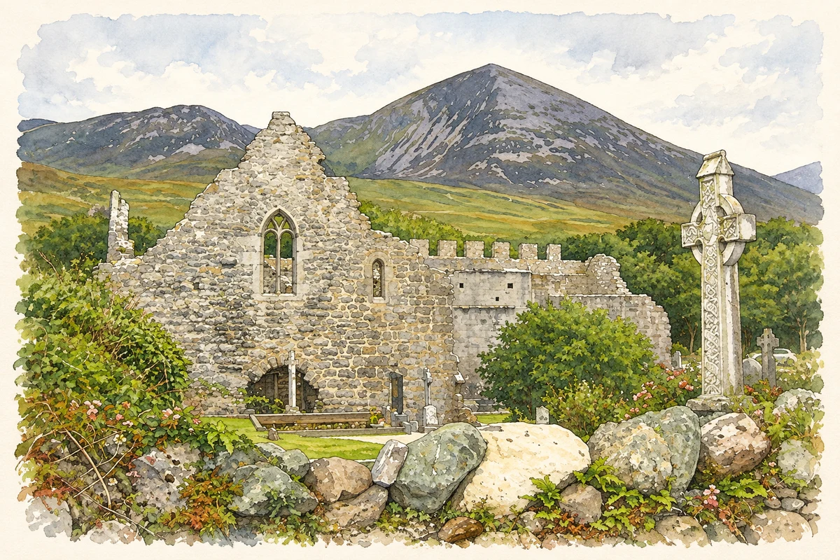 Watercolour and fine ink illustration of Murrisk Friary beneath Croagh Patrick, as photographed in August 2015.