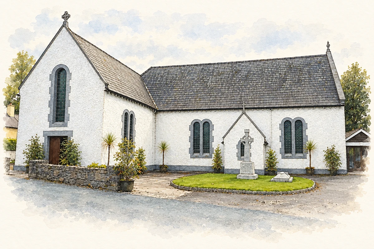 Watercolour and fine ink illustration of Saint Patrick’s Church at Islandeady, as photographed in 2008.
