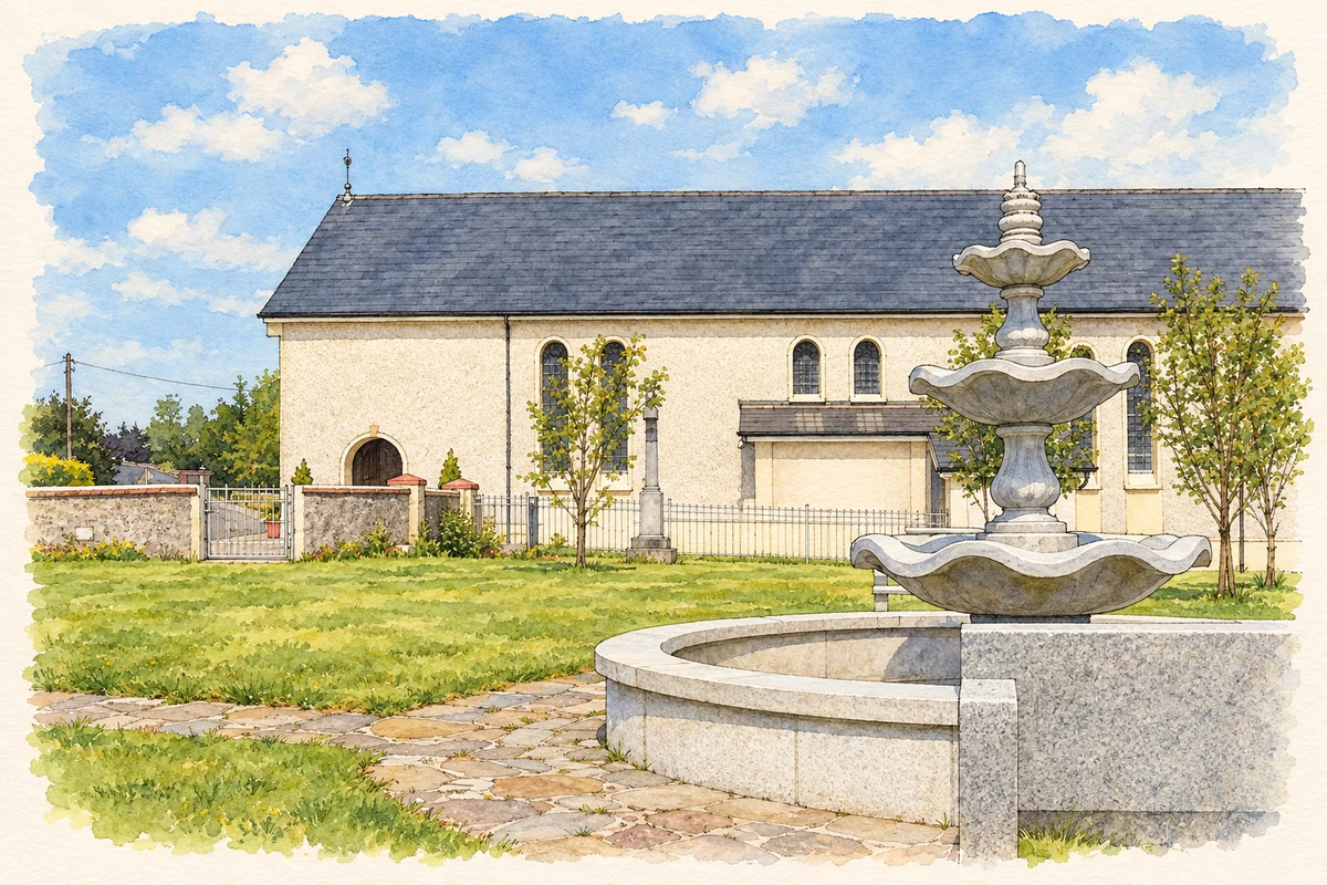 Watercolour and fine ink illustration of Parke Church and its water feature, County Mayo, as photographed in June 2007.