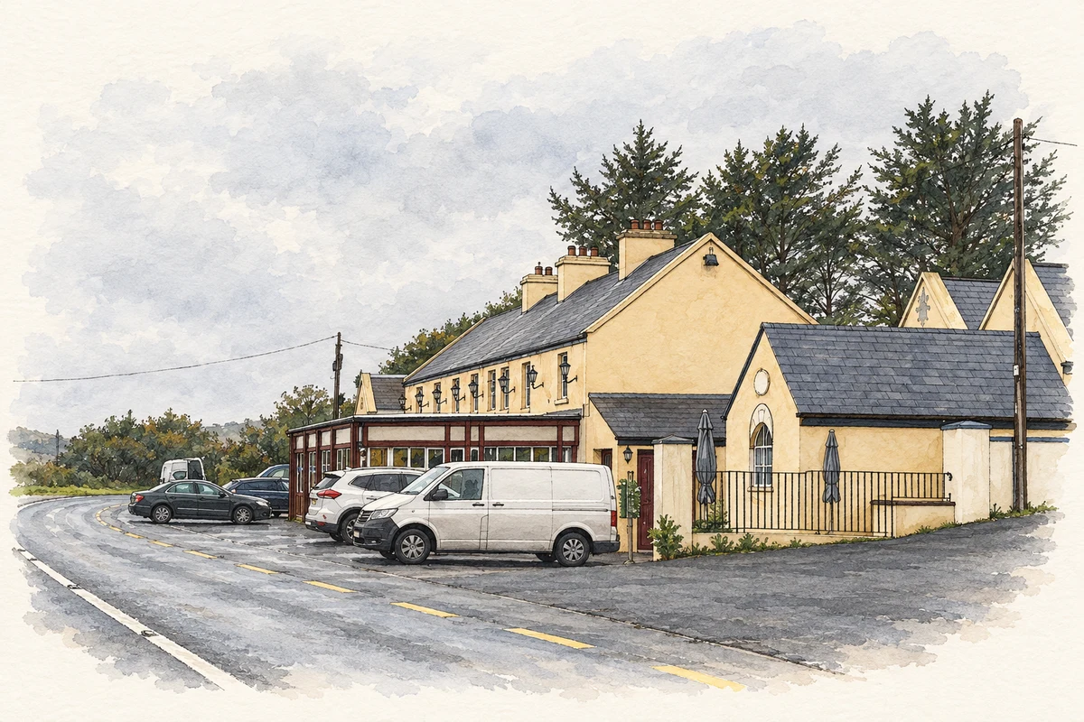 Watercolour and fine ink illustration of Nevin’s Newfield Inn, as photographed in October 2021.