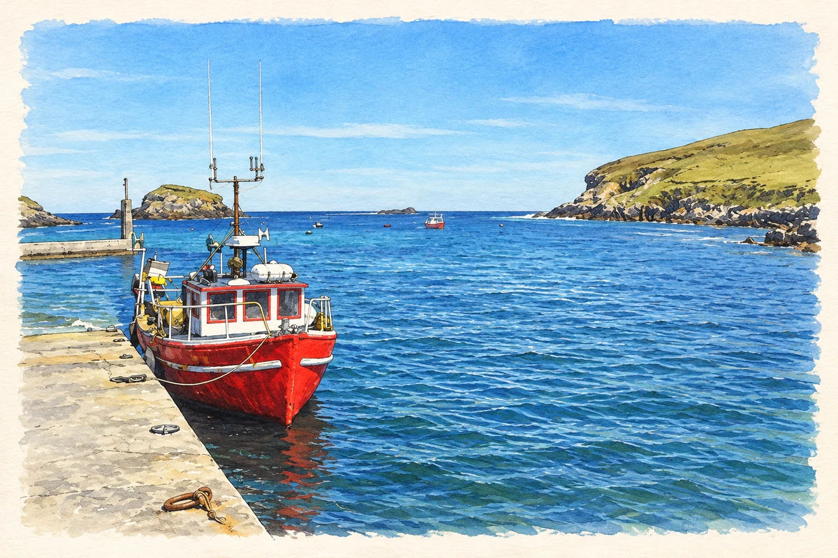 Watercolour and fine ink illustration of A fishing boat at Porturlin pier, County Mayo, as photographed in May 2016.