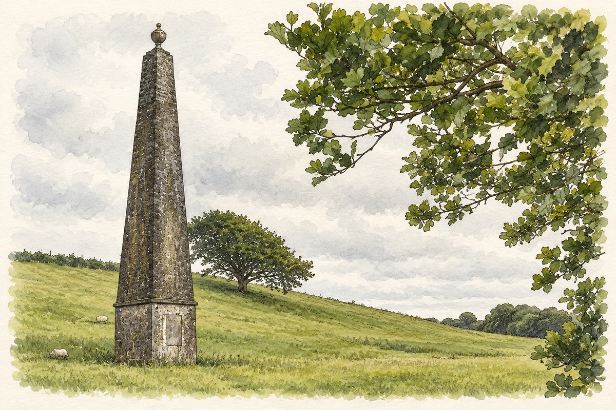 Watercolour and fine ink illustration of The Browne memorial obelisk at Raheens, County Mayo, as photographed in June 2018.