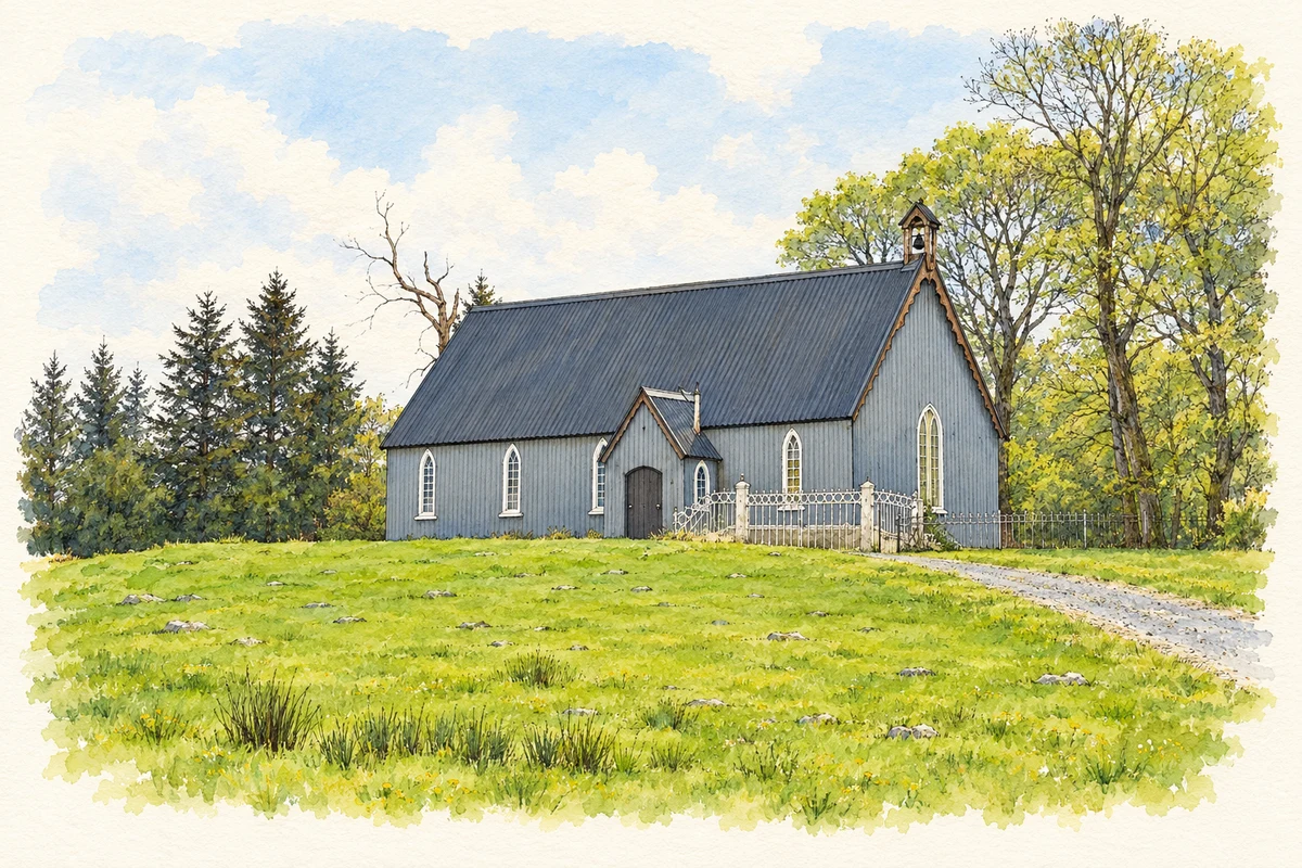 Watercolour and fine ink illustration of Lurganboy Church of Ireland chapel, as photographed in May 2008.
