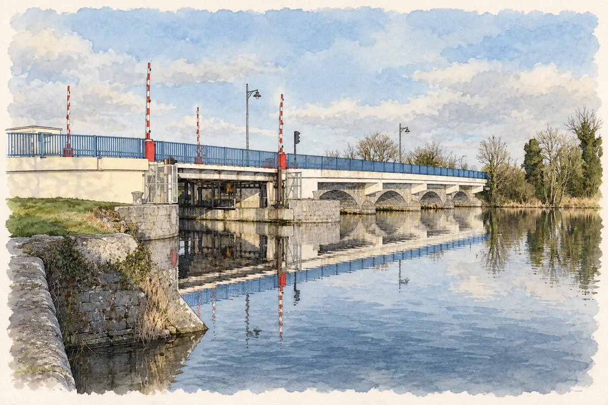 Watercolour and fine ink illustration of Termonbarry Bridge over the River Shannon.