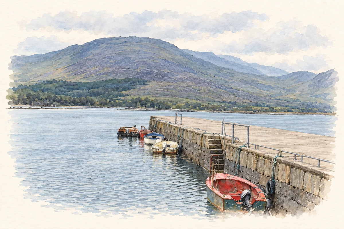 Watercolour and fine ink illustration of Bunaw Quay, Kilmakilloge Harbour.
