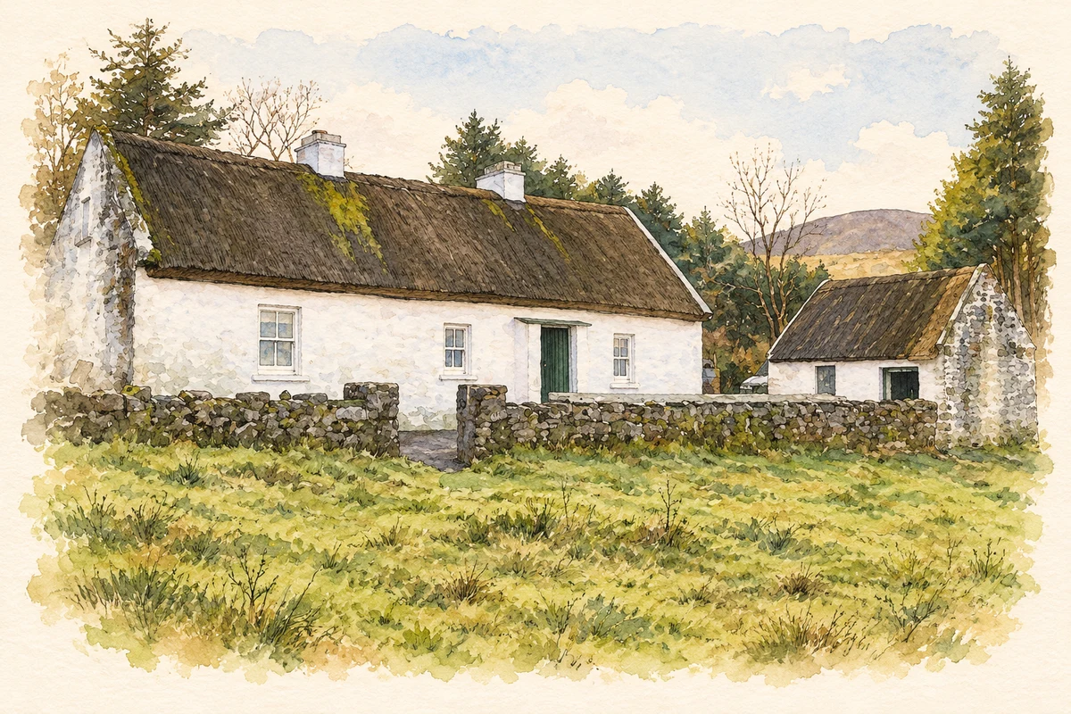 Watercolour and fine ink illustration of Seán Mac Diarmada’s cottage, Corranmore.