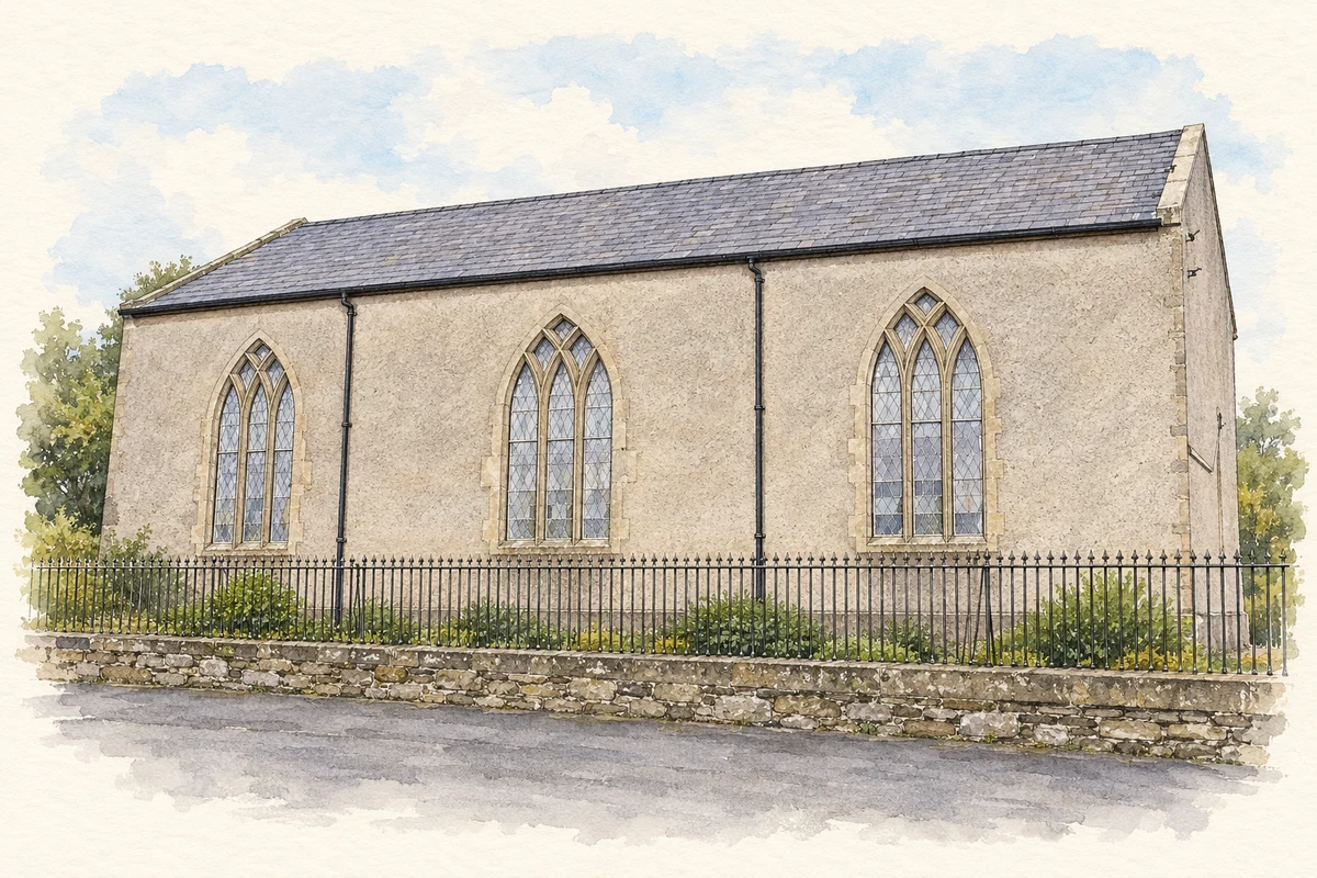 Watercolour and fine ink illustration of Ballindrait Presbyterian Church, side elevation.