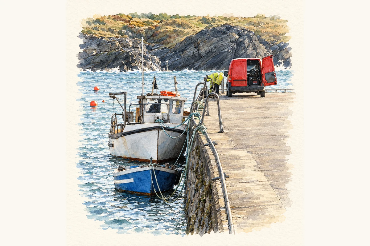 Watercolour and fine ink illustration of Fishing boats beside Portnablagh pier, County Donegal, as photographed in April 2008.