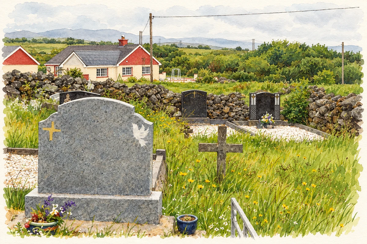 Watercolour and fine ink illustration of The graveyard near Kilrean, as photographed in 2009.