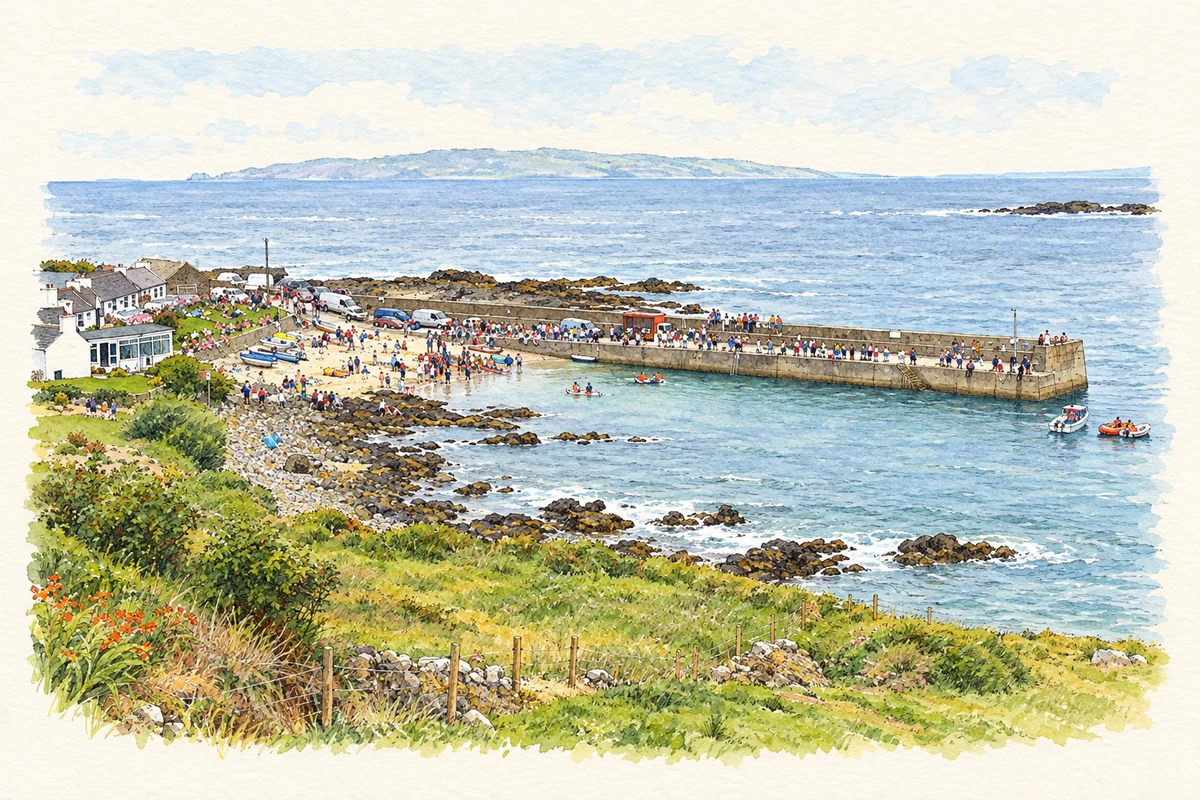 Watercolour and fine ink illustration of Portnoo pier and harbour, County Donegal, as photographed in August 2007.