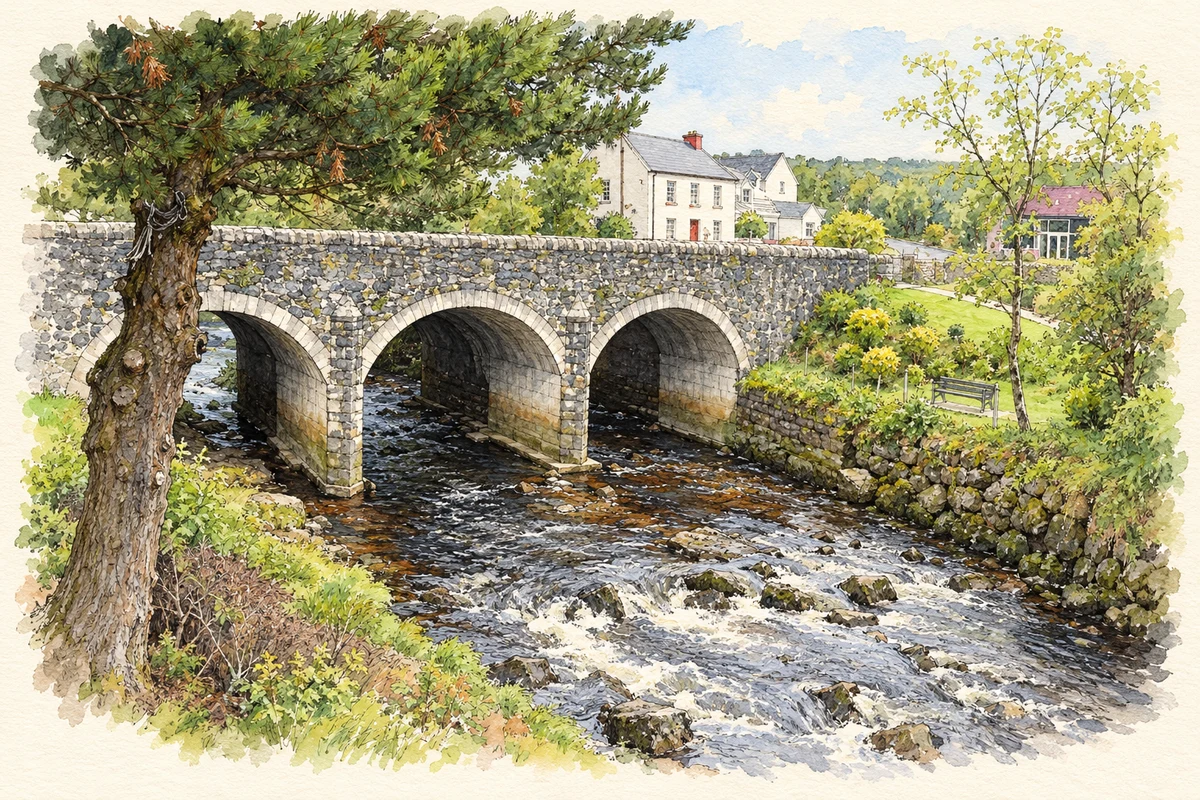 Watercolour and fine ink illustration of Carrick bridge over the Glen River.