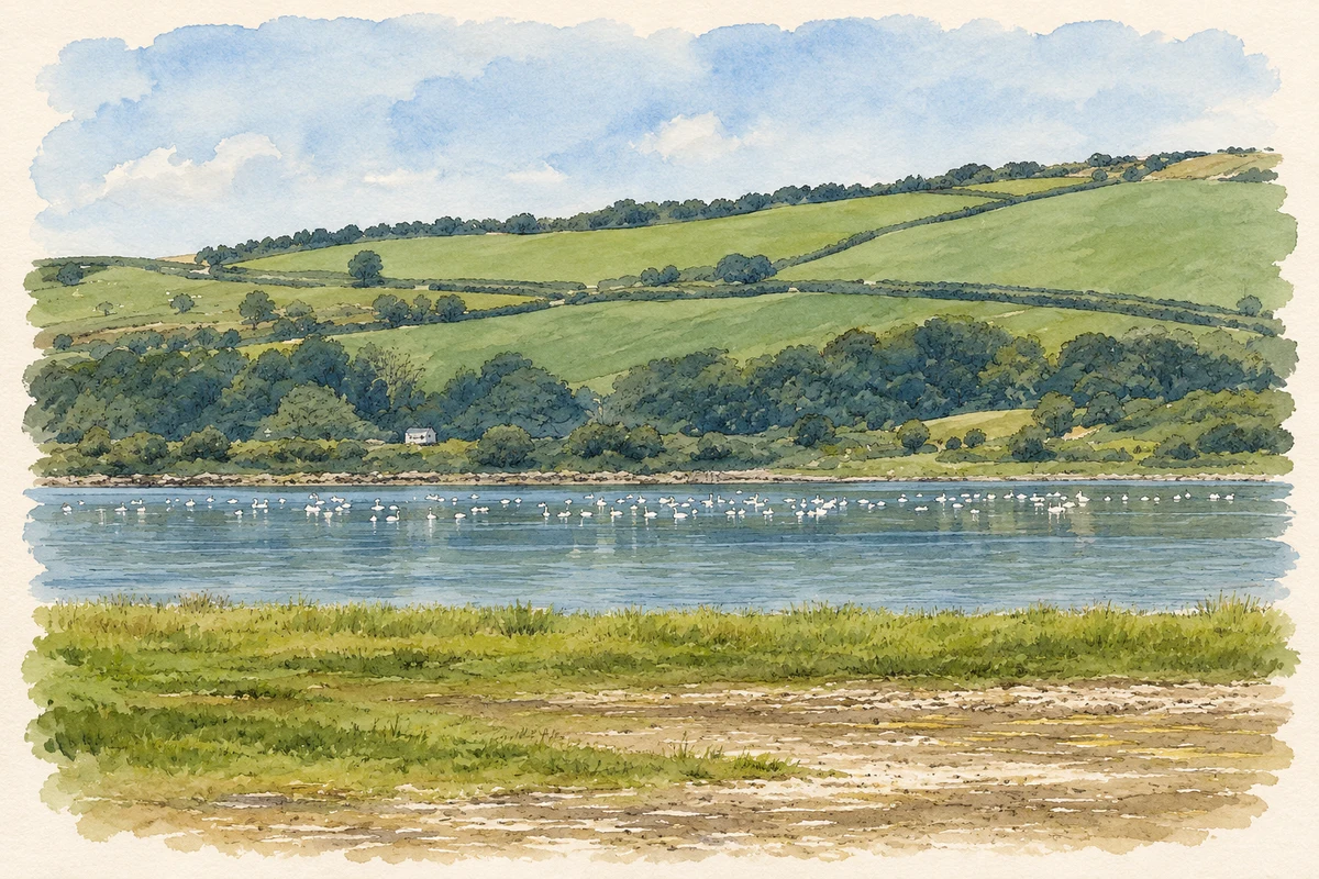 Watercolour and fine ink illustration of Swans on Inch Lake at Inch Wildfowl Reserve, near Burnfoot.