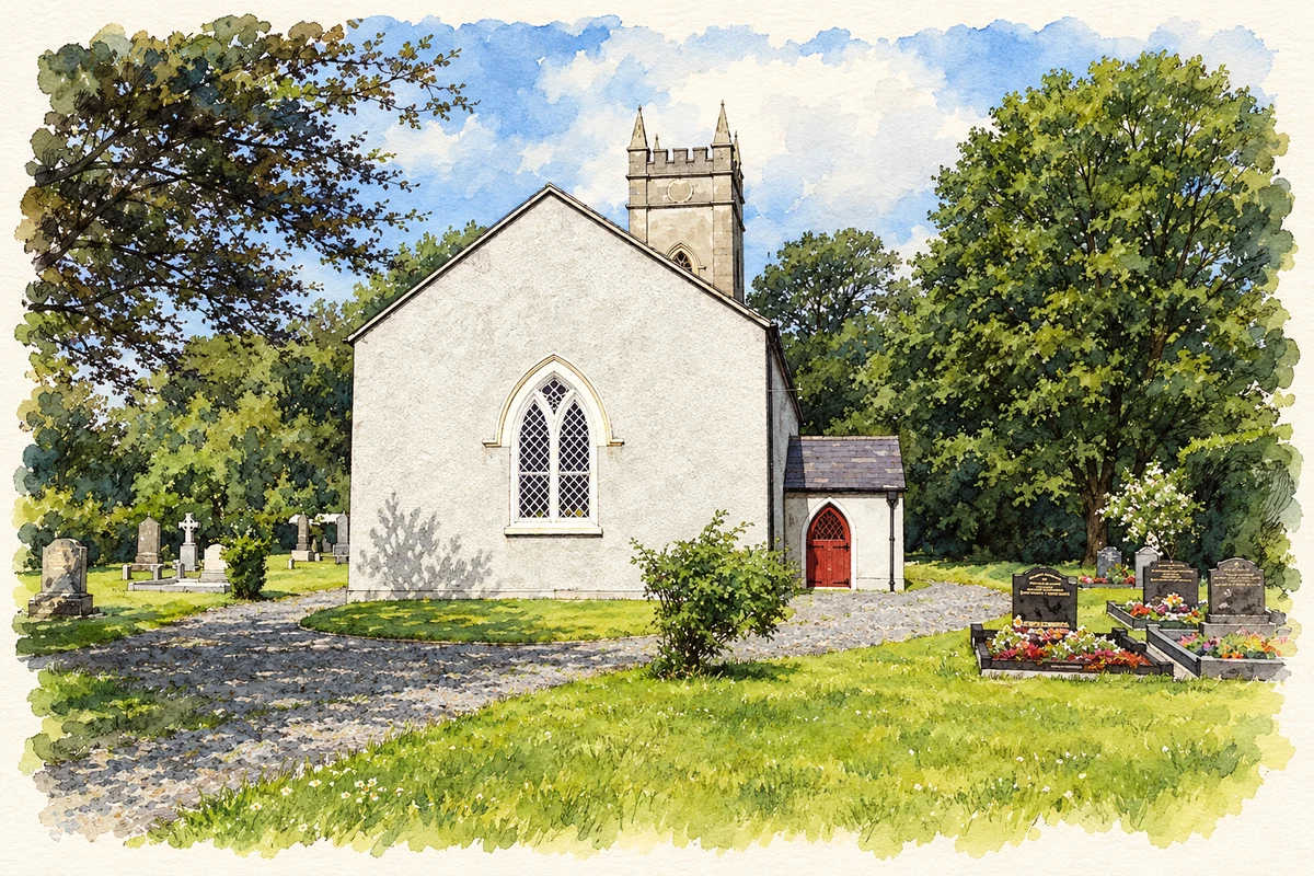 Watercolour and fine ink illustration of Cloncha Parish Church, Malin Town.