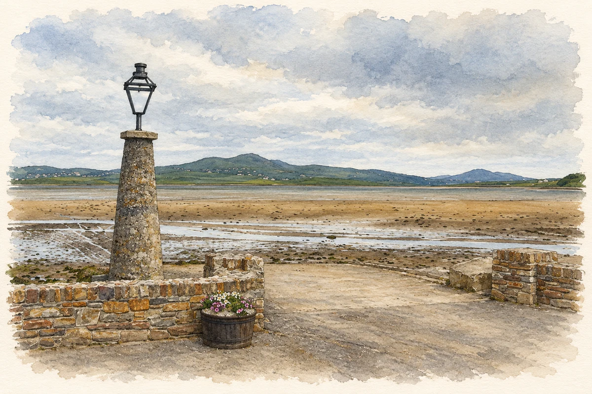 Watercolour and fine ink illustration of Carrickart village slipway and tidal shore.