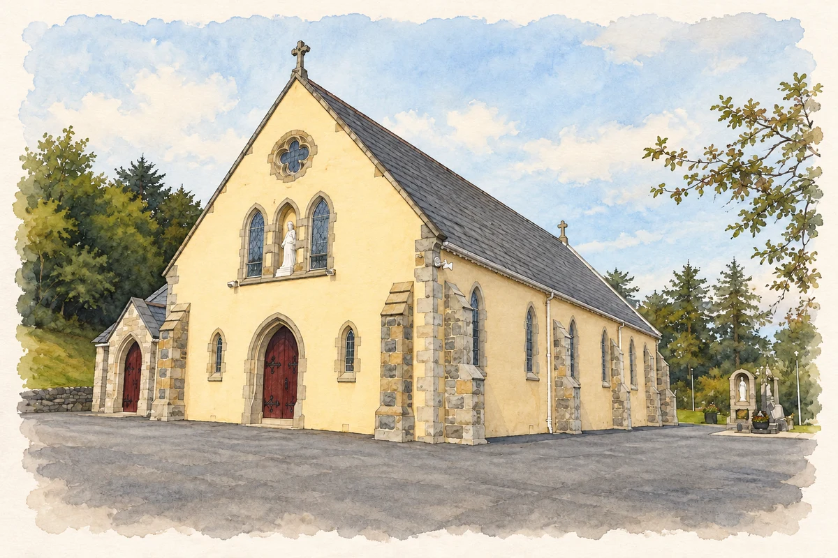 Watercolour and fine ink illustration of Saint Joseph's Church, Rathmullan, County Donegal.