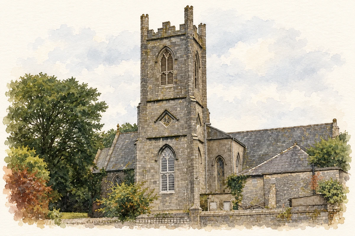 Watercolour and fine ink illustration of Christ Church, Taney Parish, Dundrum, County Dublin.
