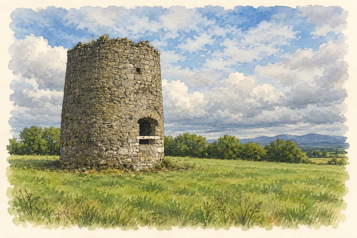 Watercolour and fine ink illustration of Surviving windmill tower at Garristown.