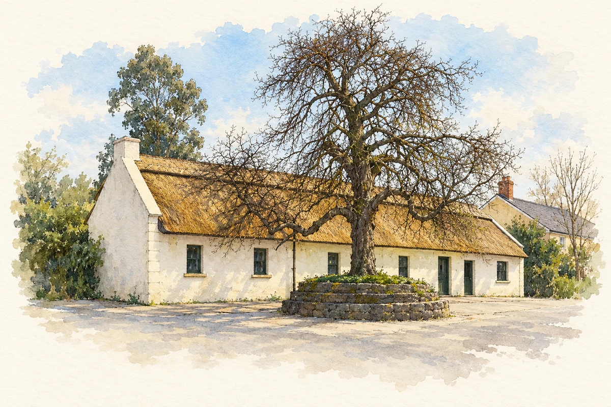 Watercolour and fine ink illustration of Thatched cottage at the Séamus Ennis Arts Centre, Naul.