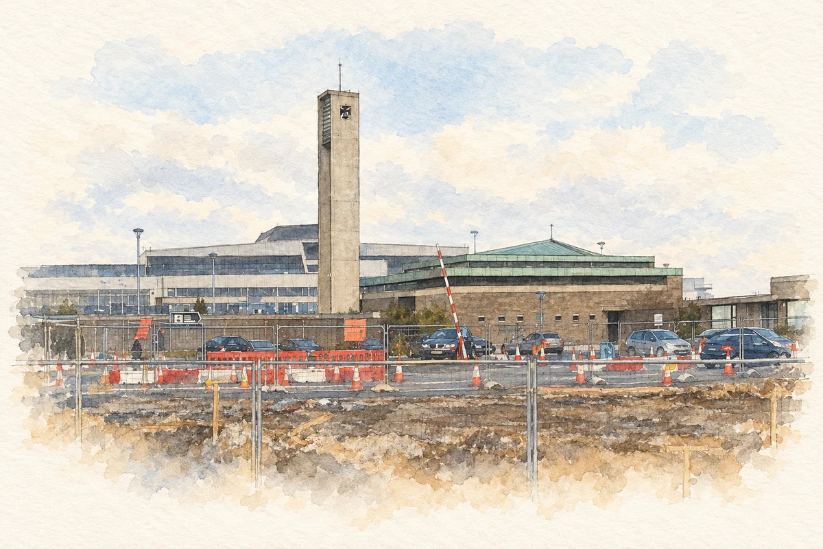 Watercolour and fine ink illustration of Our Lady Queen of Heaven church near Cloghran.