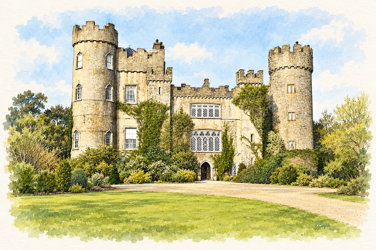 Watercolour and fine ink illustration of Malahide Castle in Malahide, showing its complete visible architectural silhouette.