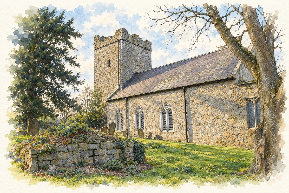 Watercolour and fine ink illustration of Saint Finian's Church of Ireland, Newcastle, County Dublin in Newcastle.