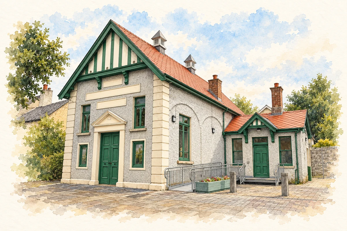 Watercolour and fine ink illustration of Former Court of Petty Sessions, Rathcoole, County Dublin in Rathcoole.
