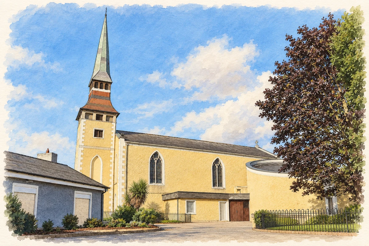 Watercolour and fine ink illustration of St Brigid's Church, Blanchardstown, County Dublin.