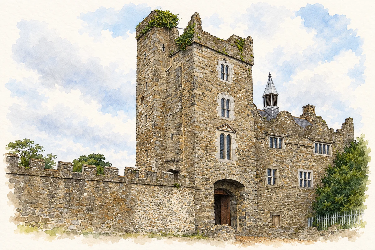 Watercolour and fine ink illustration of Drimnagh Castle, as photographed in2013.