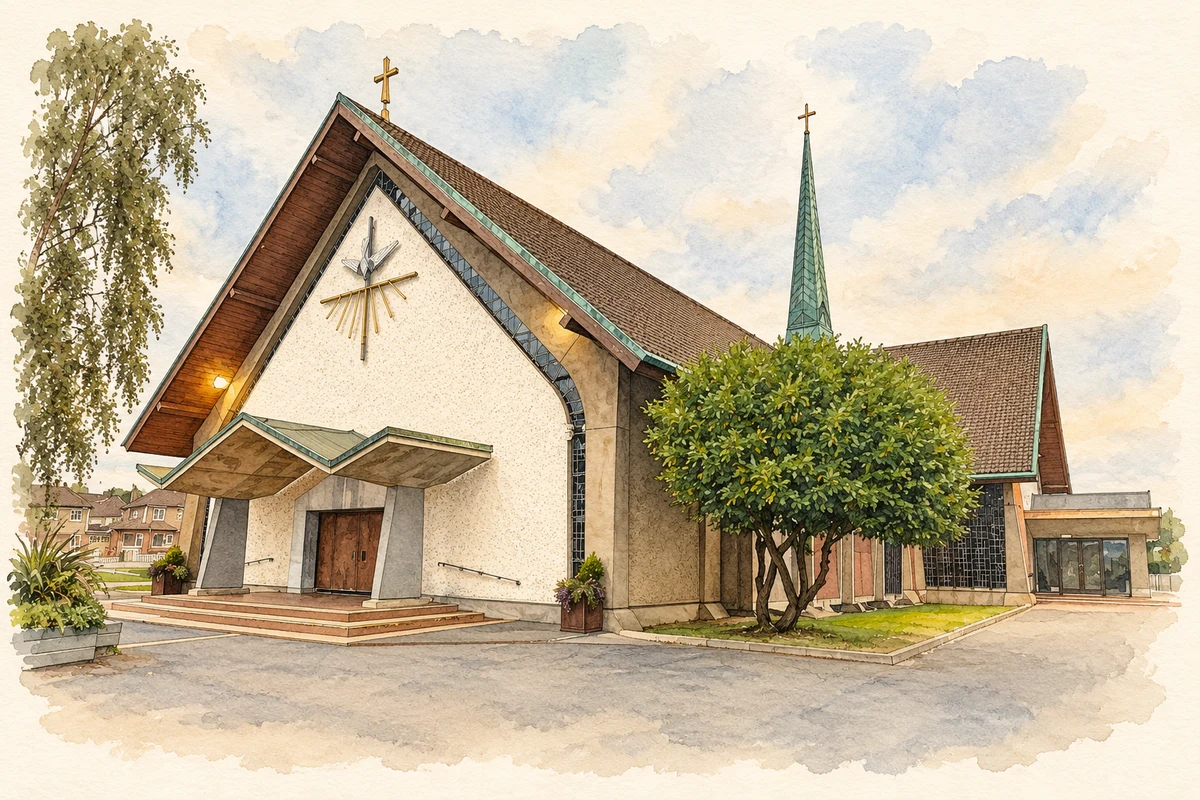 Watercolour and fine ink illustration of Church of the Holy Spirit, Ballyroan, County Dublin.