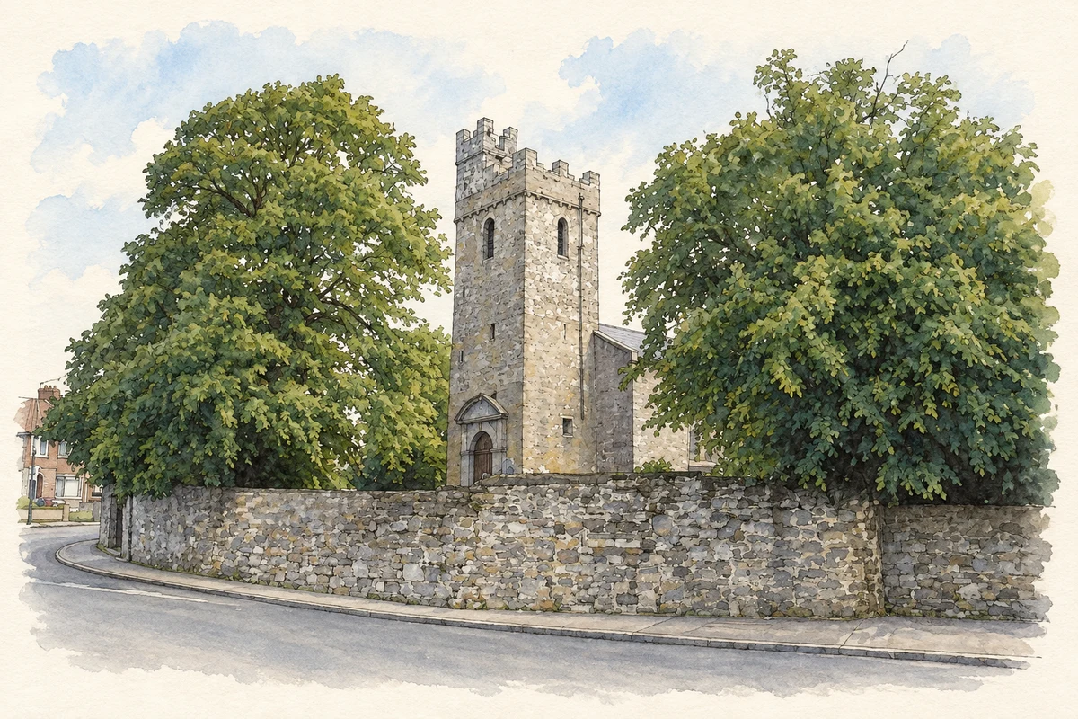 Watercolour and fine ink illustration of Old St Mary's Church, Crumlin, Dublin.
