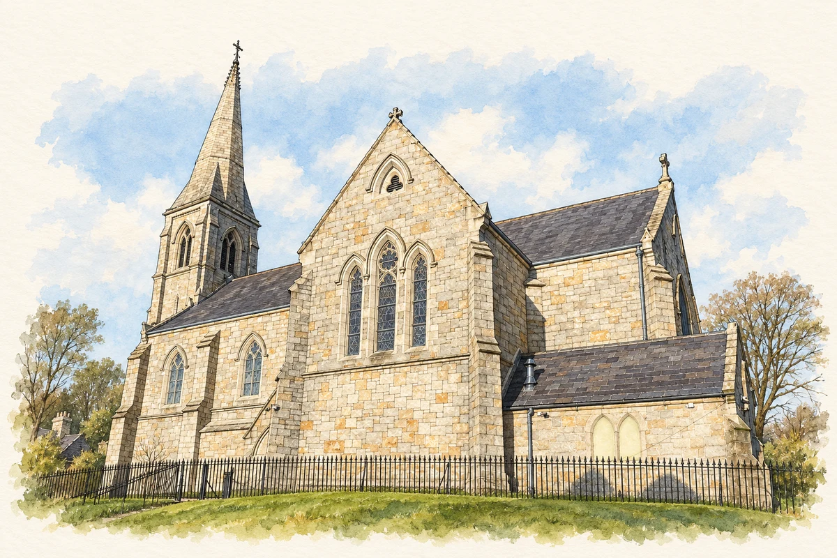 Watercolour and fine ink illustration of Saints Alphonsus and Columba Church, Ballybrack, County Dublin.